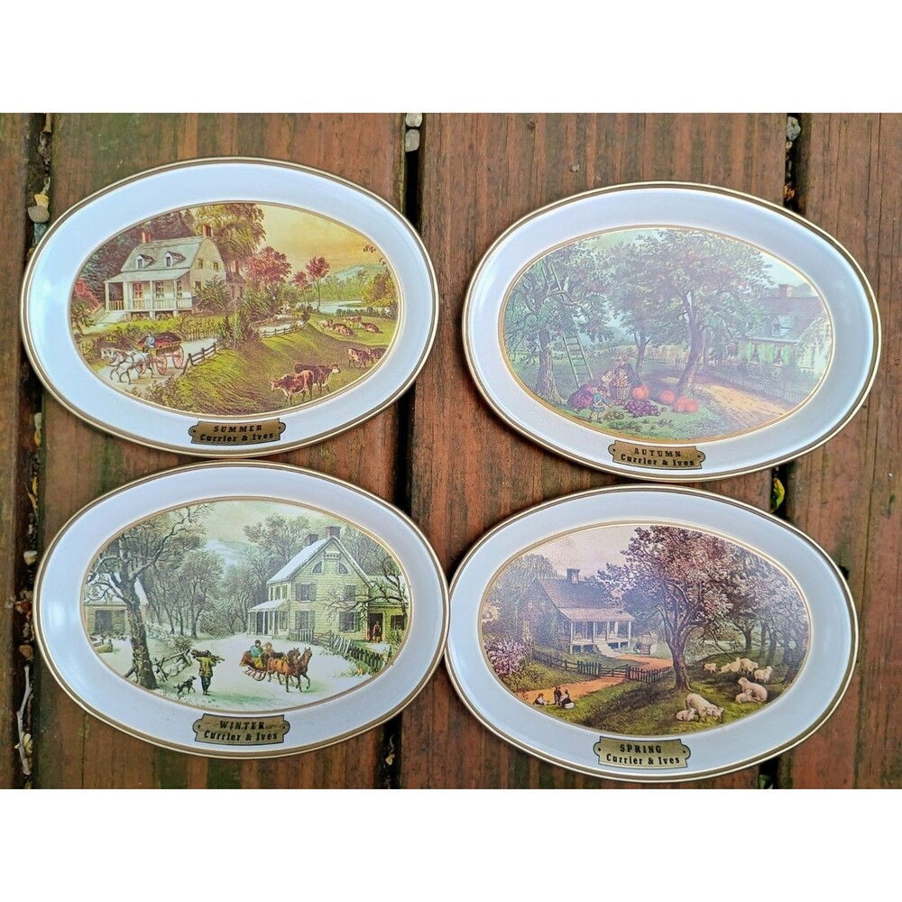 Vintage Currier And Ives "The American Homestead Seasons " 6" 4 Oval Metal Trays